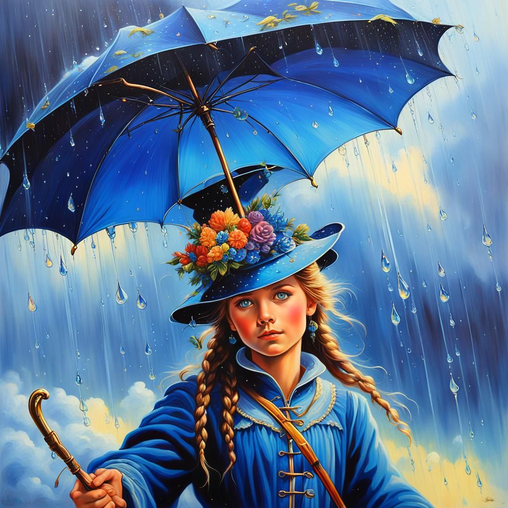 Victorian Girl on Cliff with Rainbow, in Oil Painting Style