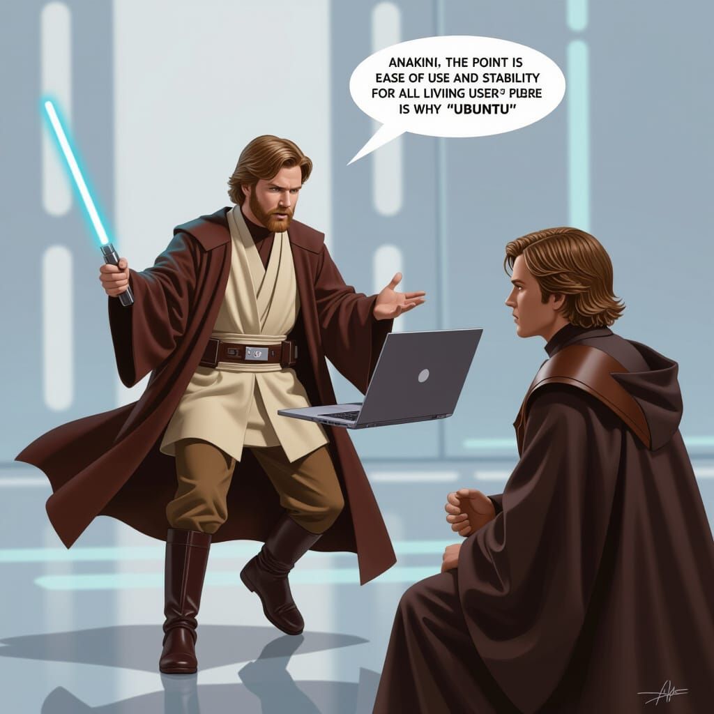 Obi-Wan Explains Ubuntu to Anakin in Futuristic Style