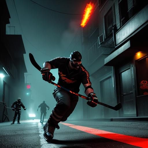 Street Hockey Player with Flaming Stick in Urban Night
