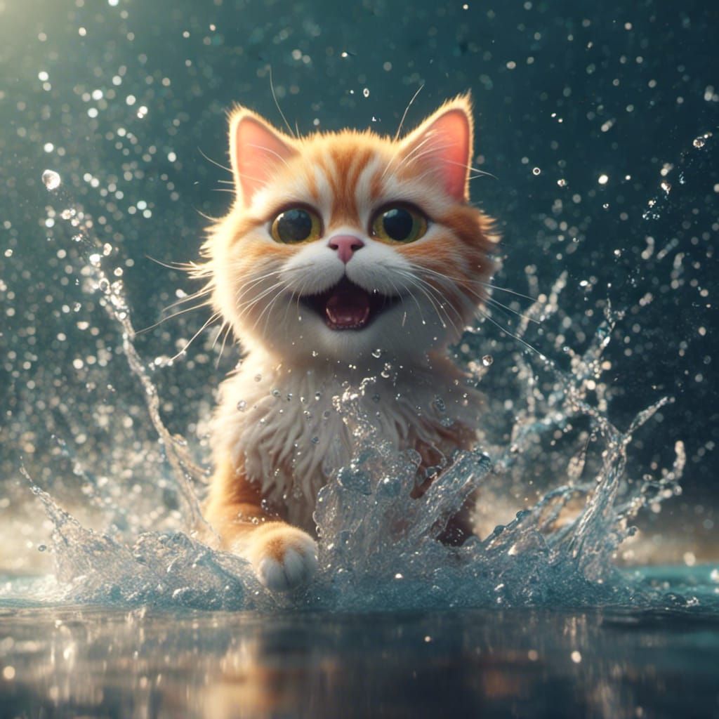 Cute Cat with Water Powers in Action