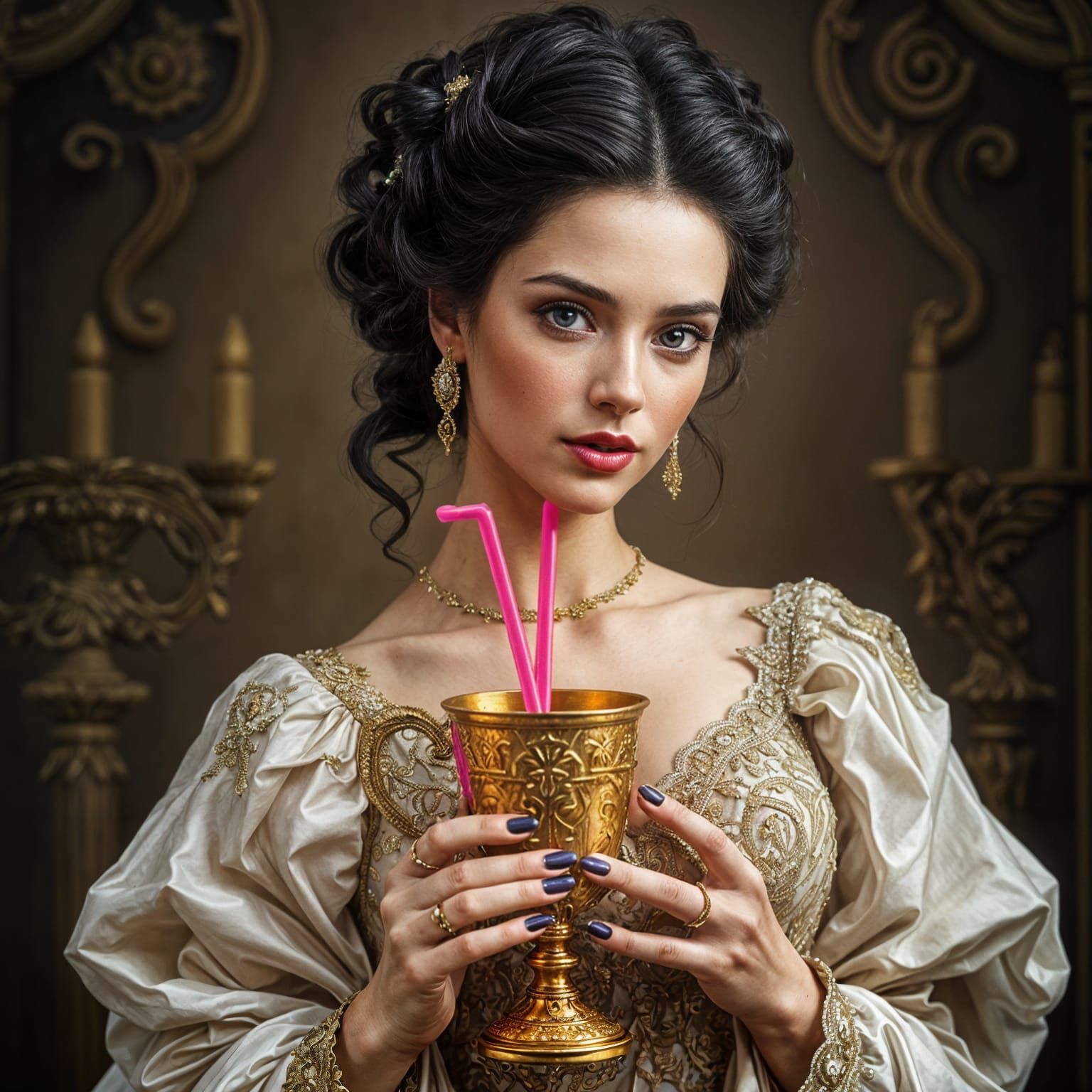 Ethereal Goddess Reveals Golden Chalice in Radiant Setting