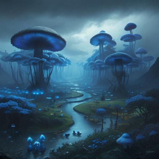 Blue Mushrooms and Wild Beasts in Epic Landscape