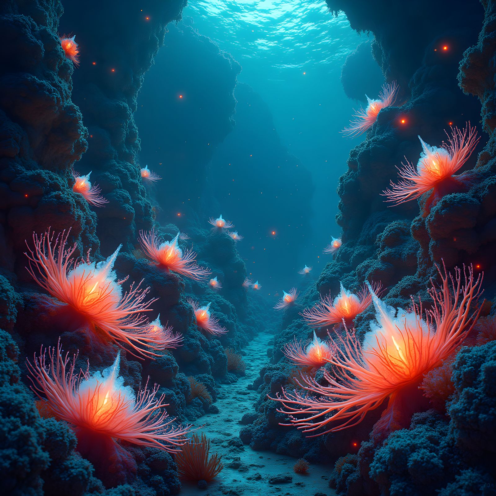 Luminescent Sea Life in Orange and Teal Seascape