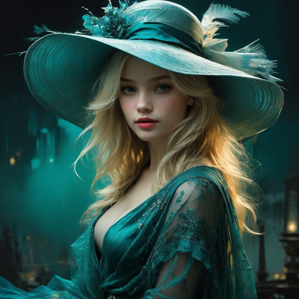 Blonde Woman in Teal Tulle Hat: Fine Art Portrait