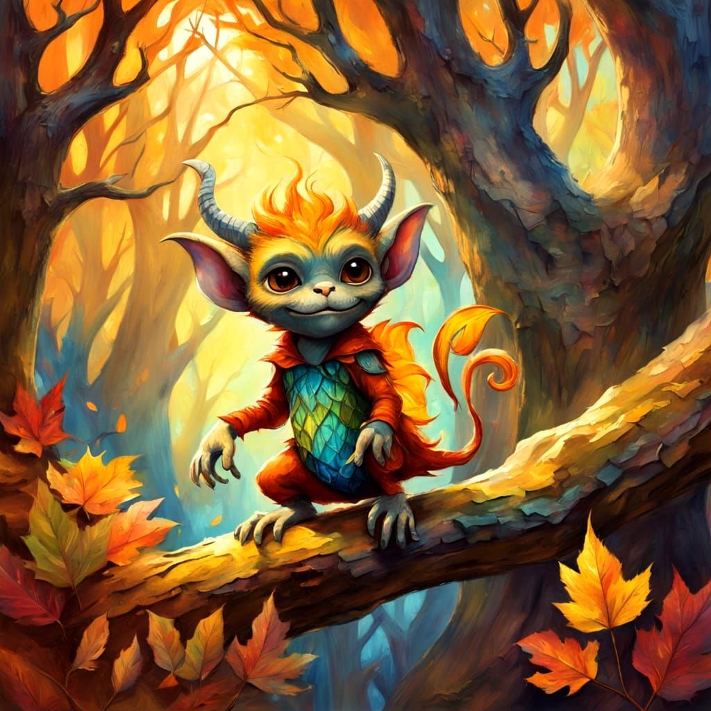 Autumn Imp in Whimsical Forest Setting