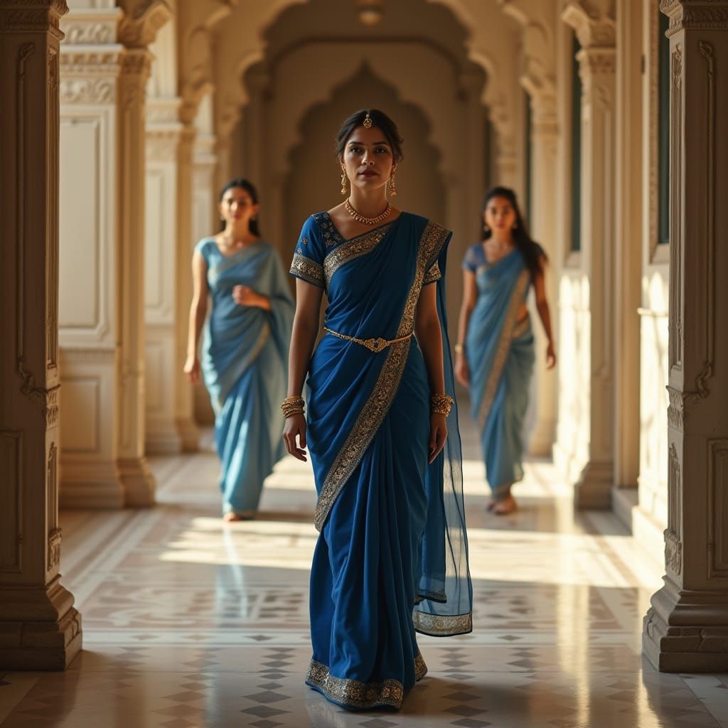 Classically Beautiful Queen Walks Palace Corridor in Regal D...