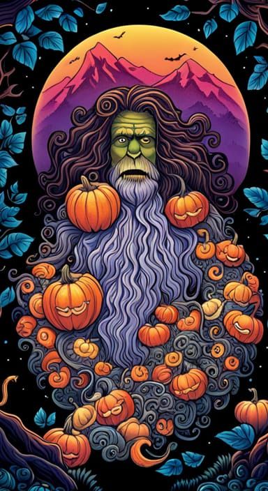 Pumpkin Sasquatch Halloween in Celtic Peruvian Art