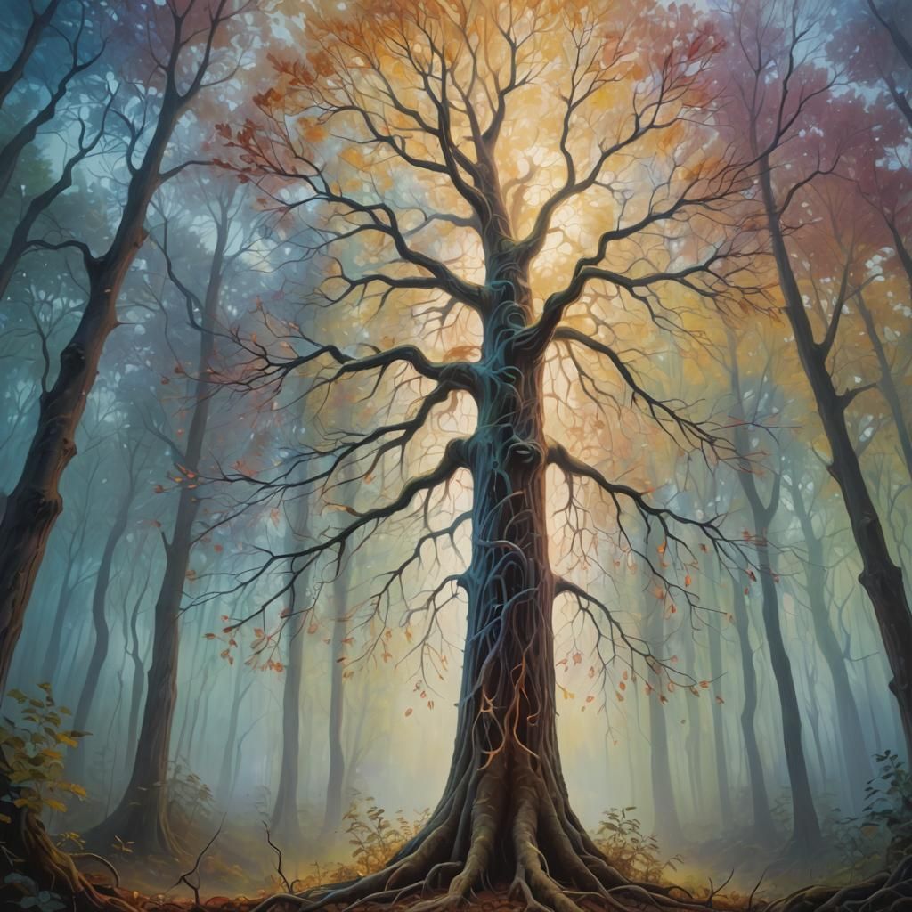 Glowing Tree in Dreamlike Forest, Surrealist Oil Painting
