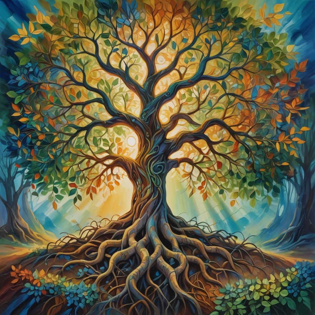 Tree of Life Oil Painting with Radiant Light