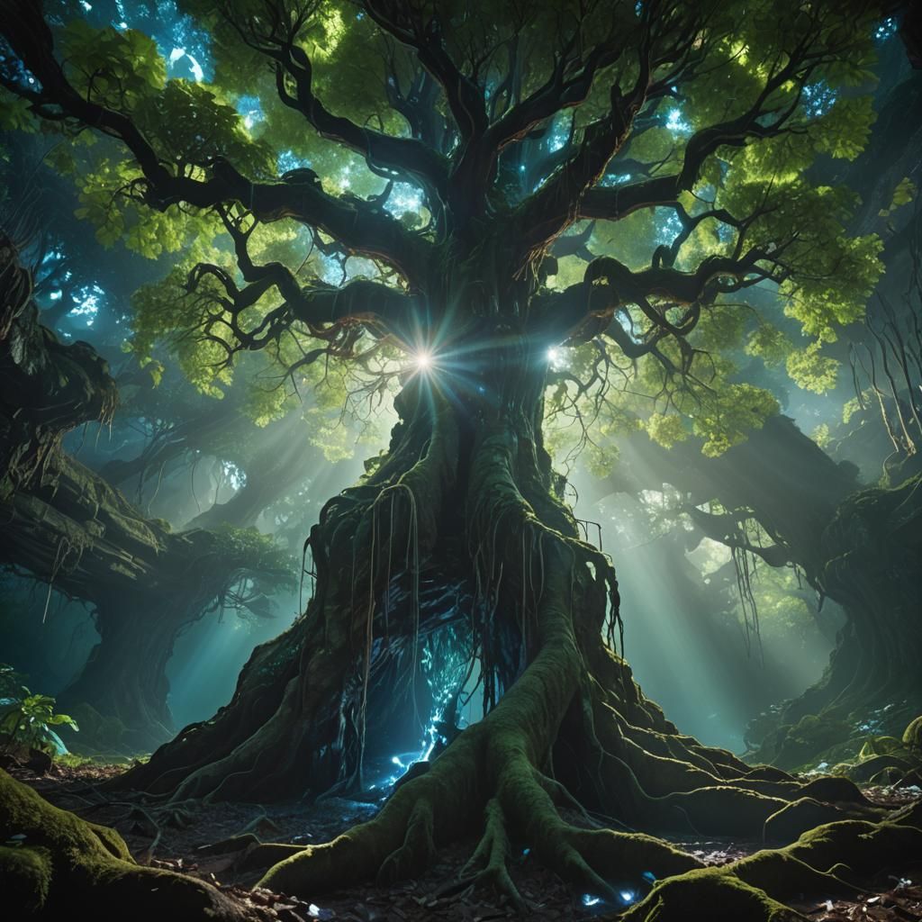 Ethereal Tree of Life in Mystical Cave