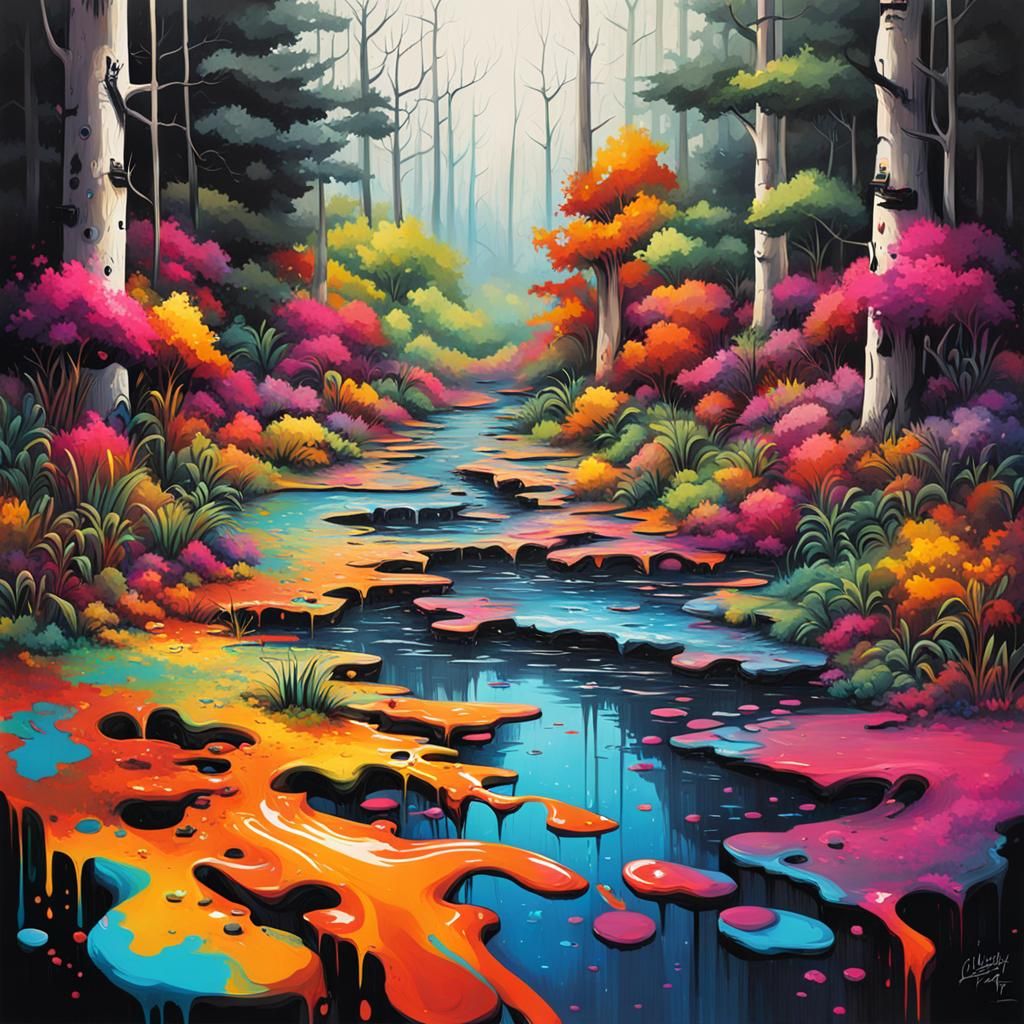 Colorful Graffiti Art of Woodlands Scene