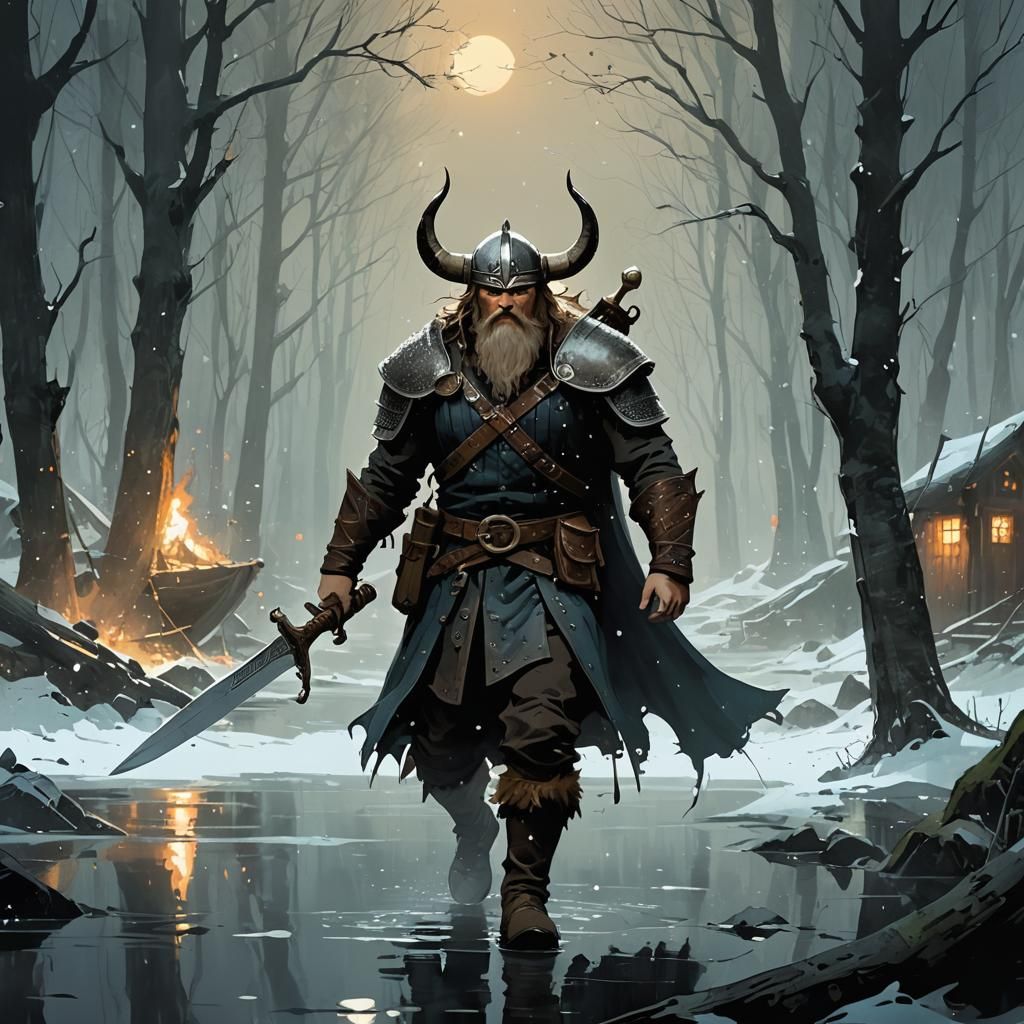 Enchanted Viking in Haunted Liquid Ink Style