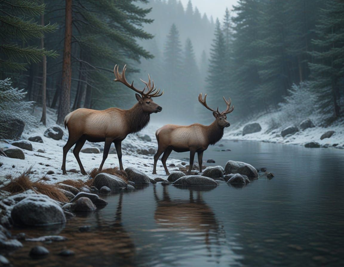 Serene Mountain Morning with Elk in Moody Mist