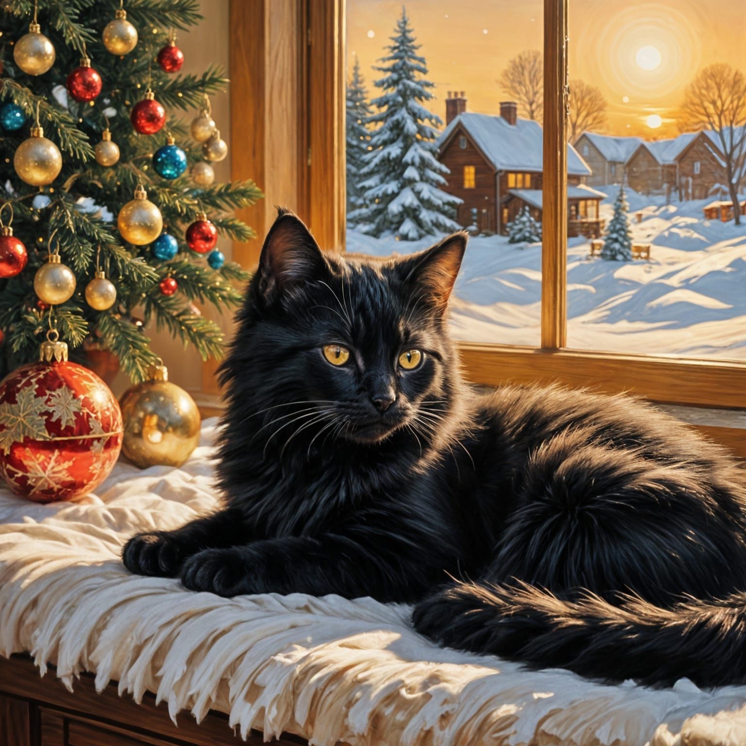 Cozy Christmas Window Scene with Black Kitten in Oil Paintin...