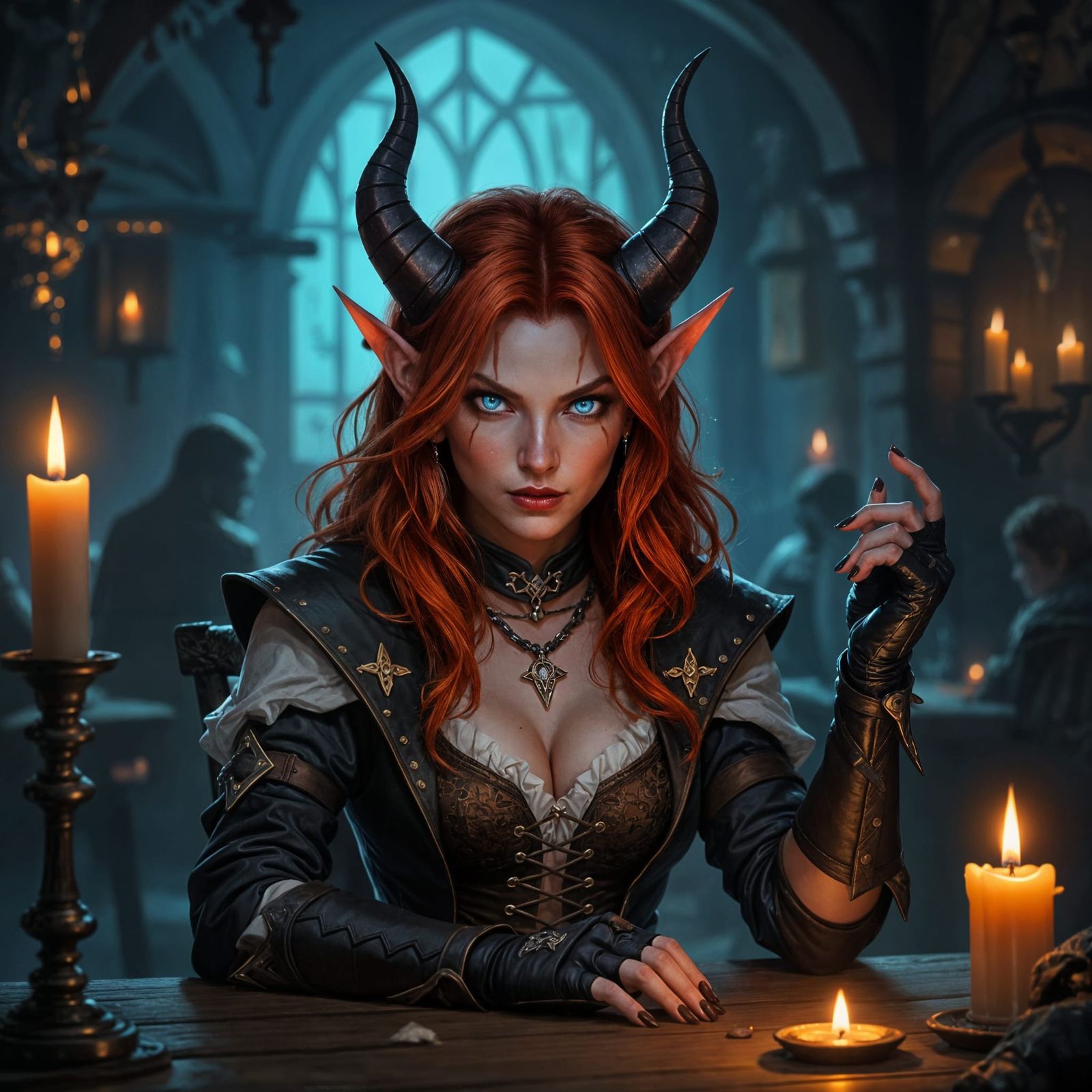 Tiefling Rogue in Gothic Tavern by Candlelight