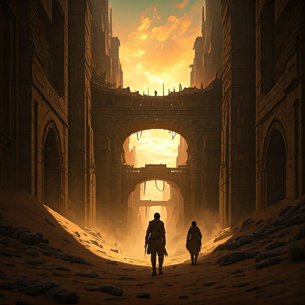 Desert City Ruins Explored by Adventurers