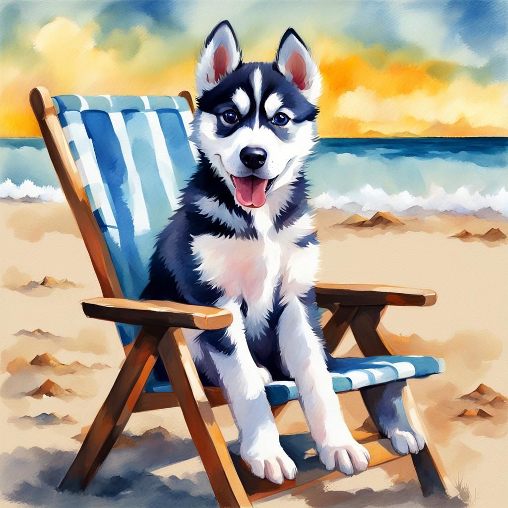 Husky Puppy on Beach in Gouache Watercolor Style