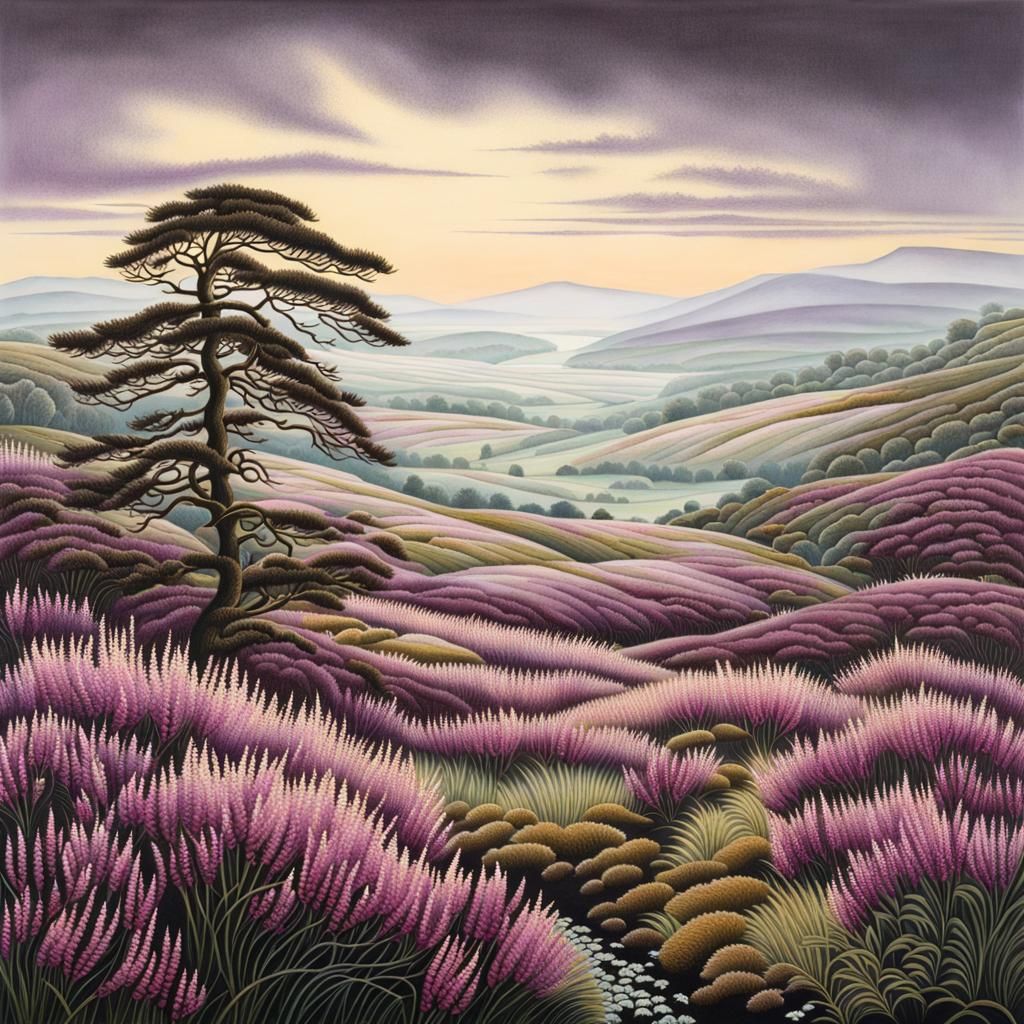 Heather in Mist, Intricate Linocut Style