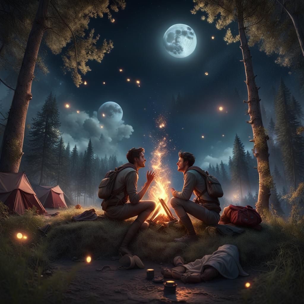 Romantic Kiss Under Moonlit Sky: Fantasy Art