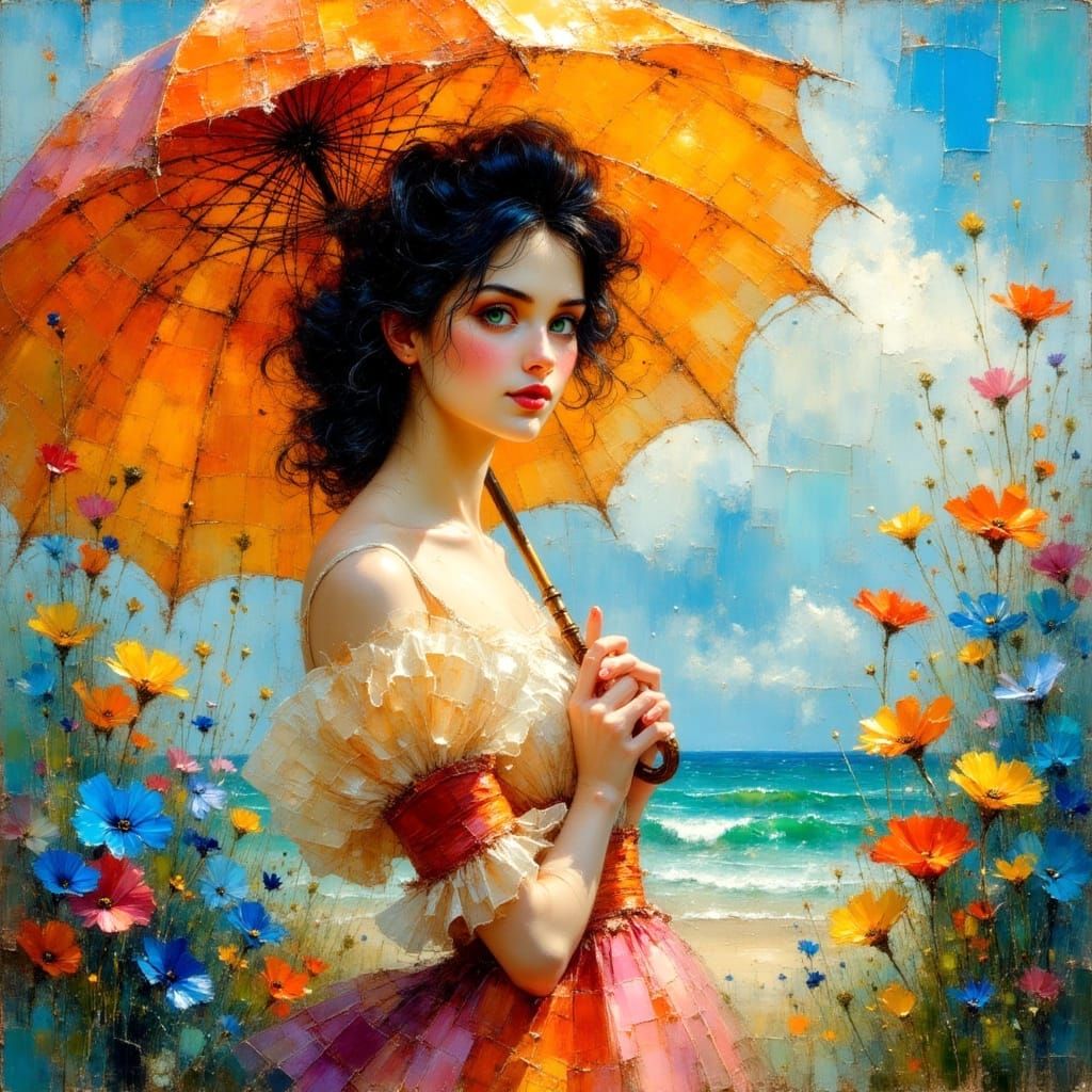 Beautiful Woman with Parasol in Impasto Oil Glaze