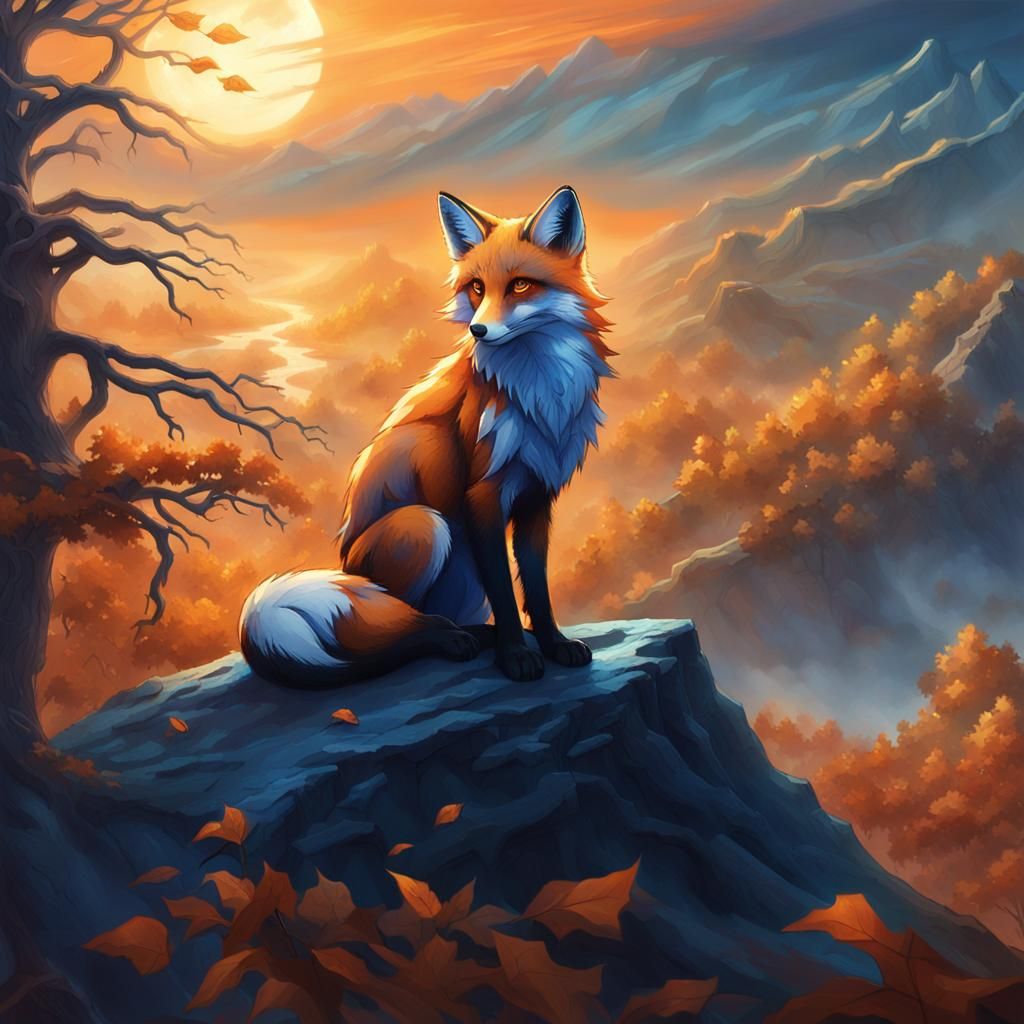 Eclipse Fox on Misty Peak at Sunset