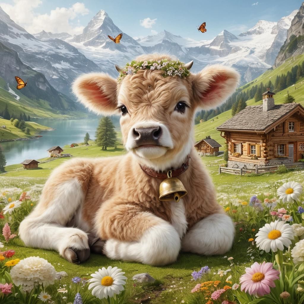 Fluffy Swiss Cow Calf in Alpine Meadow