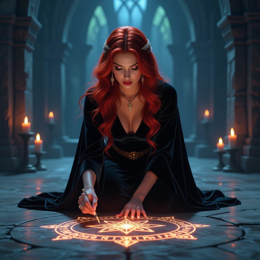 Sorceress Performing Ritual Spell in Ancient Chamber
