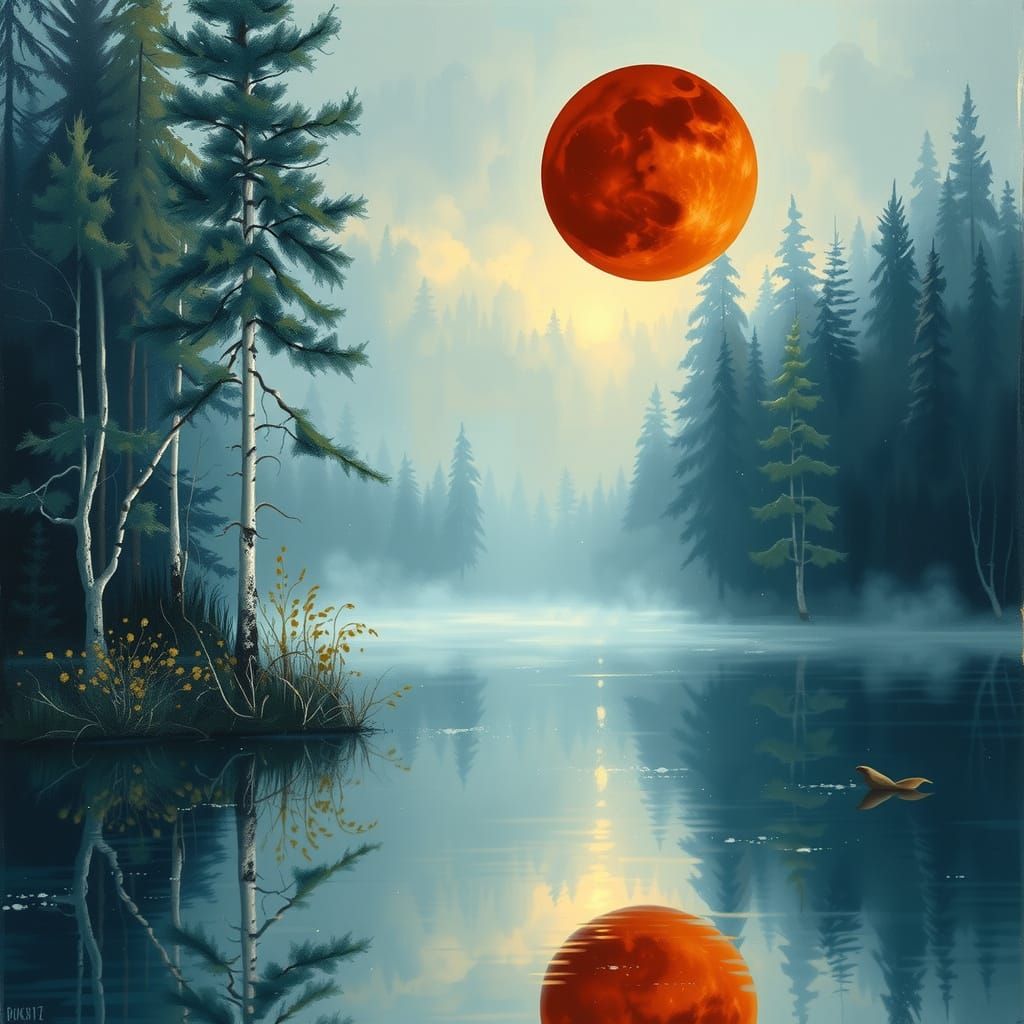 Serene Lake Mist Forest with Red Moon Reflection Painting