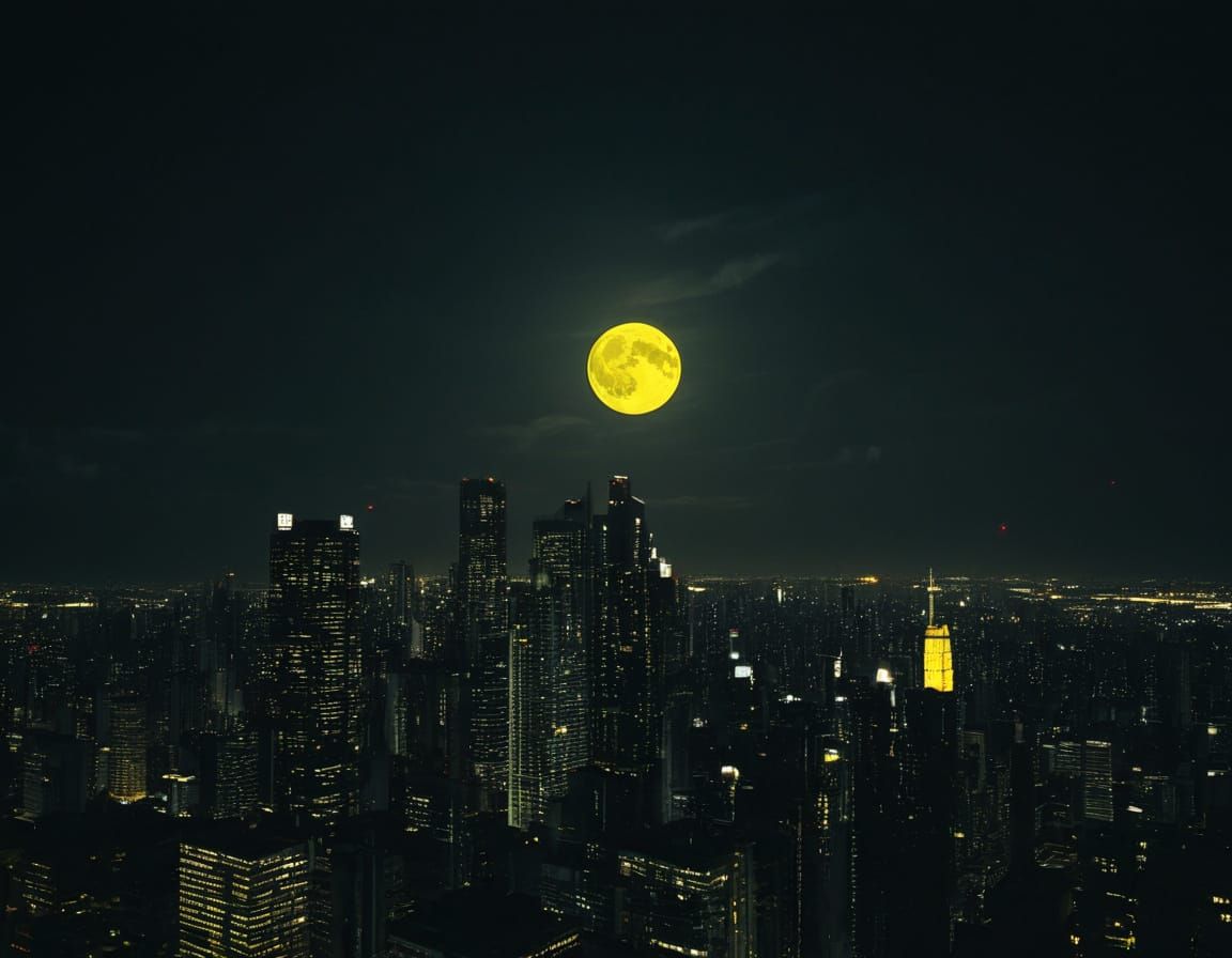 The world is all black and white. Only the big moon shines yellow.