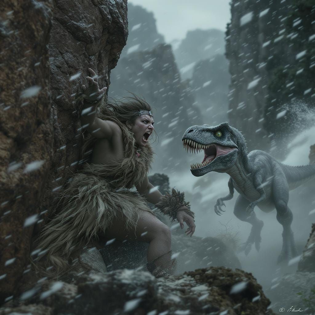 Prehistoric Cavewoman's Perilous Encounter with Velociraptor