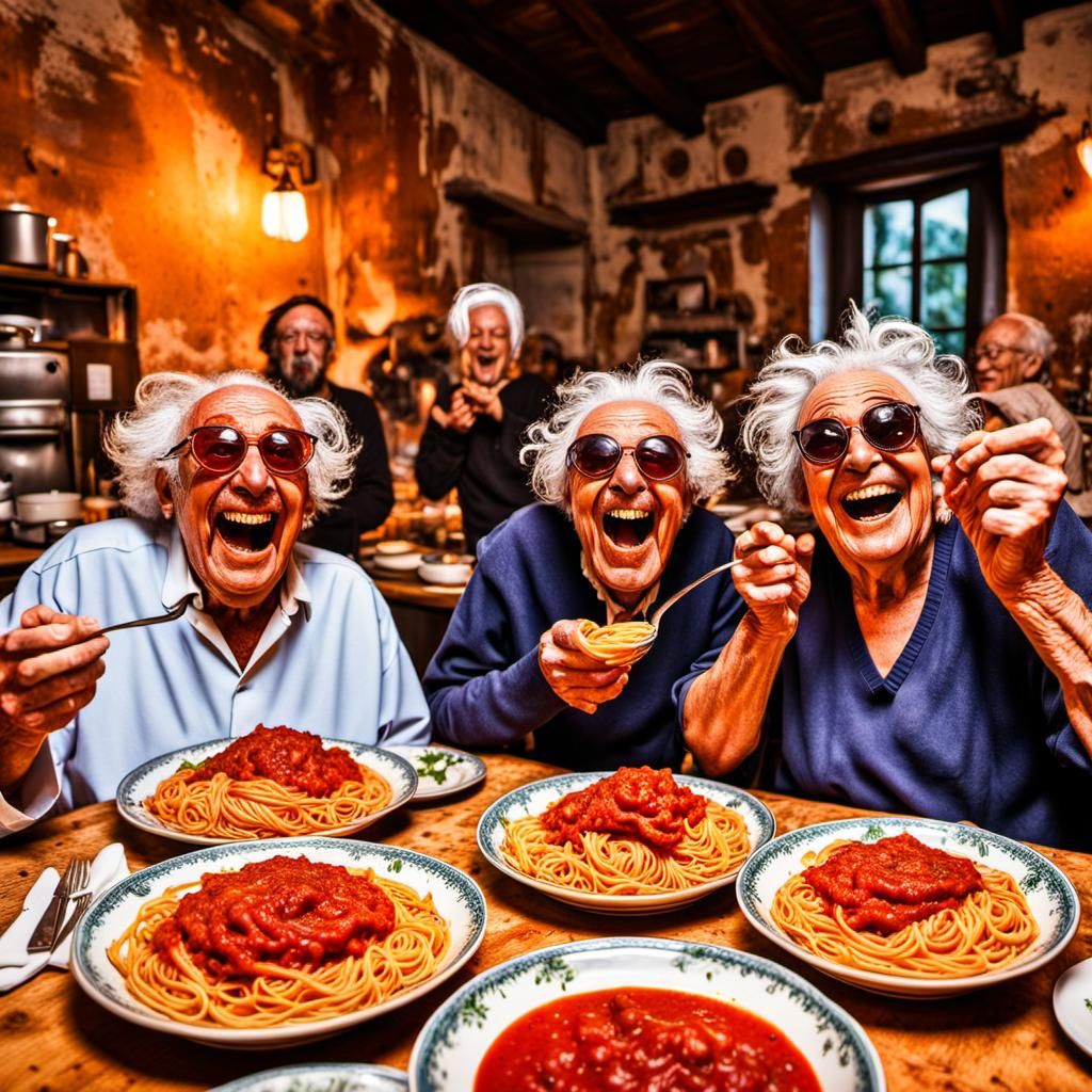 Ecstatic Pasta Dinner: A Hyperrealistic Nursing Home Scene