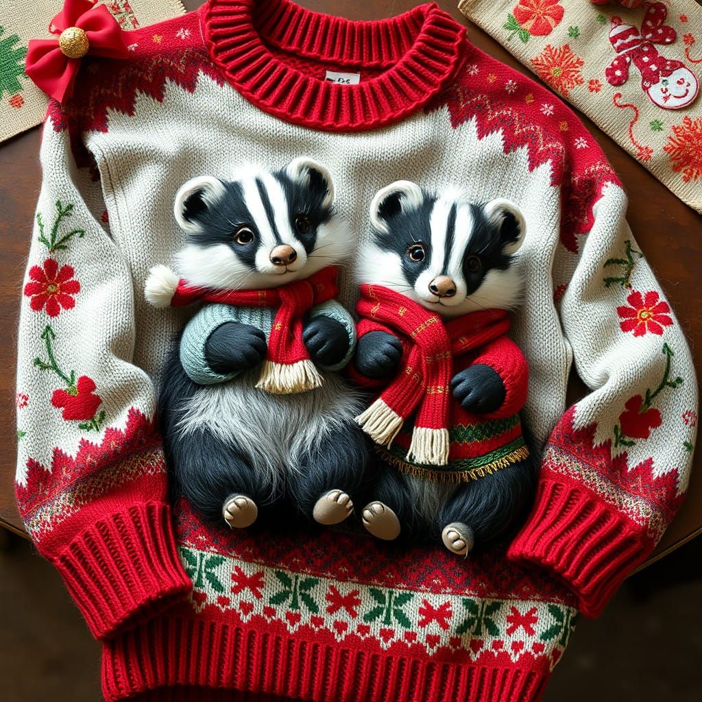 Christmas Sweater with Fluffy Skunks in Folk Art Embroidery...