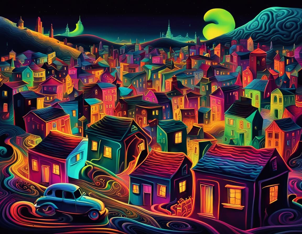 Surreal Neon Town Inspired by Salvador Dali