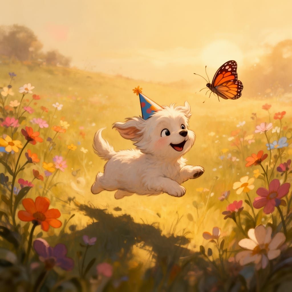 Fluffy Dog Chases Butterfly in Sunlit Meadow