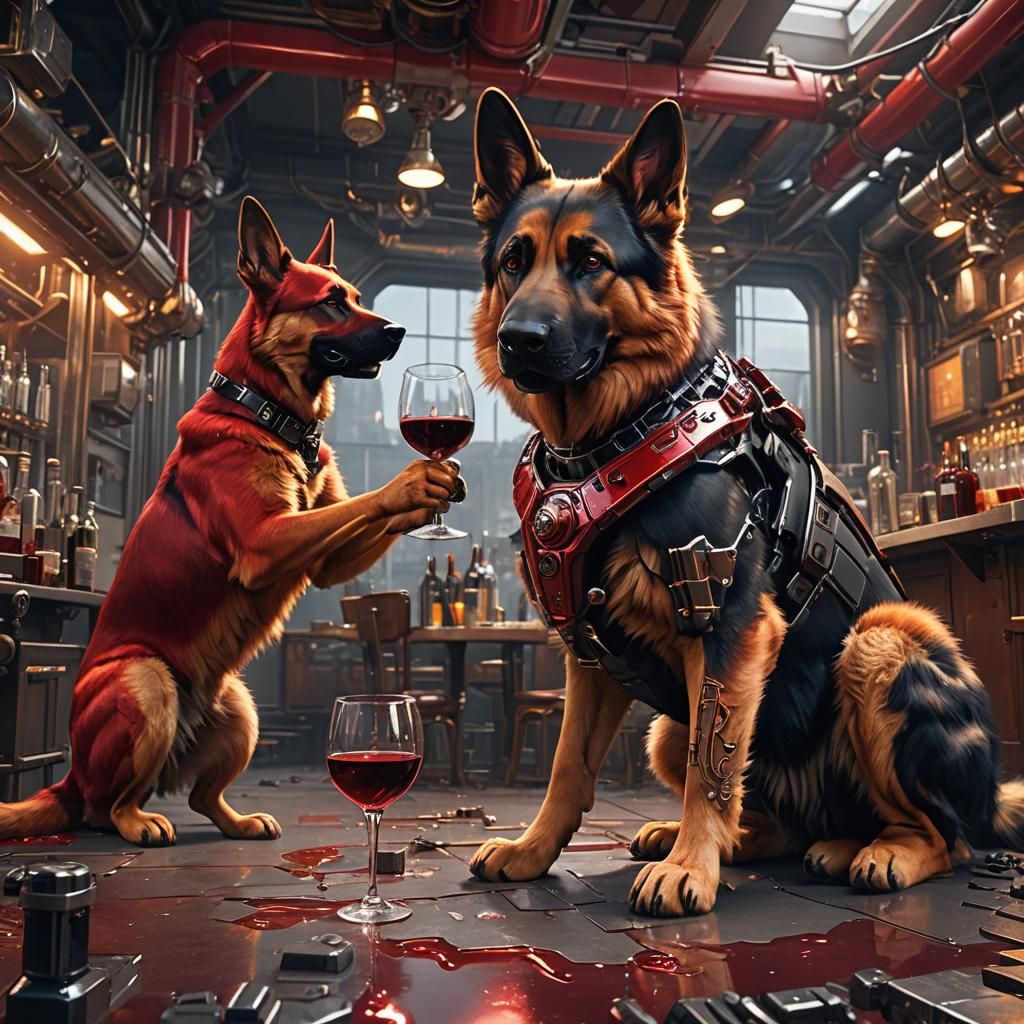 German Shepherd and Giant Cat Drinking Wine, Sci-Fi Art