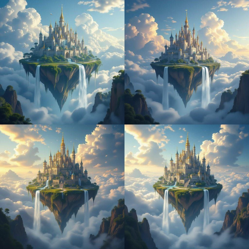 Floating Celestial City with Waterfalls: Hyperrealistic Imag...