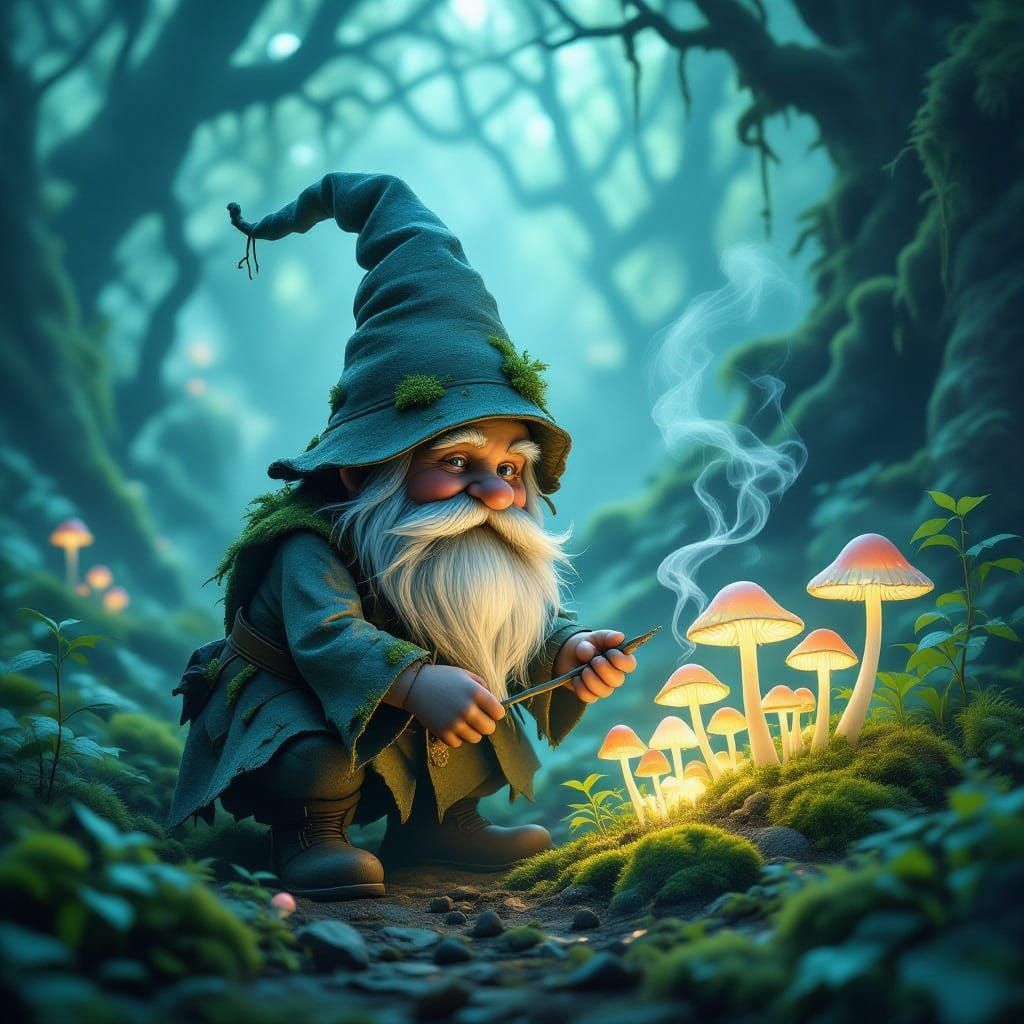Whimsical Gnome Tends Bioluminescent Fungi Grove
