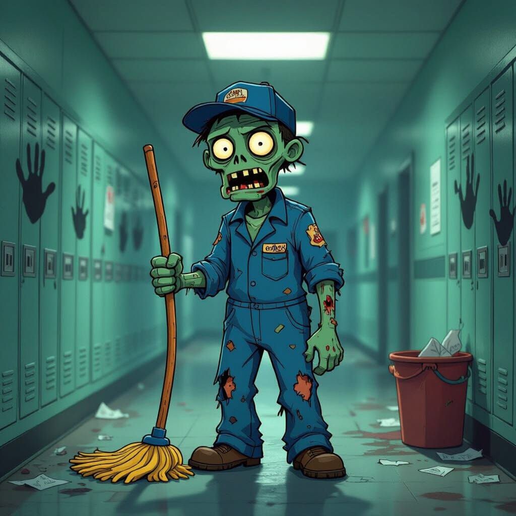 Zombie Janitor Cartoon Illustration in Don Bluth Style