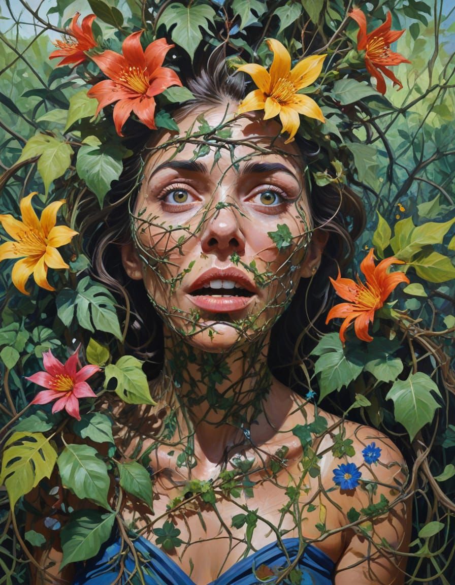 Terrified Woman Ensnared by Thorny Vines, Gouache Style