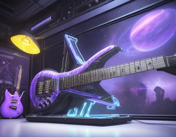Humongous Glass Guitar in Cyberpunk Music Studio