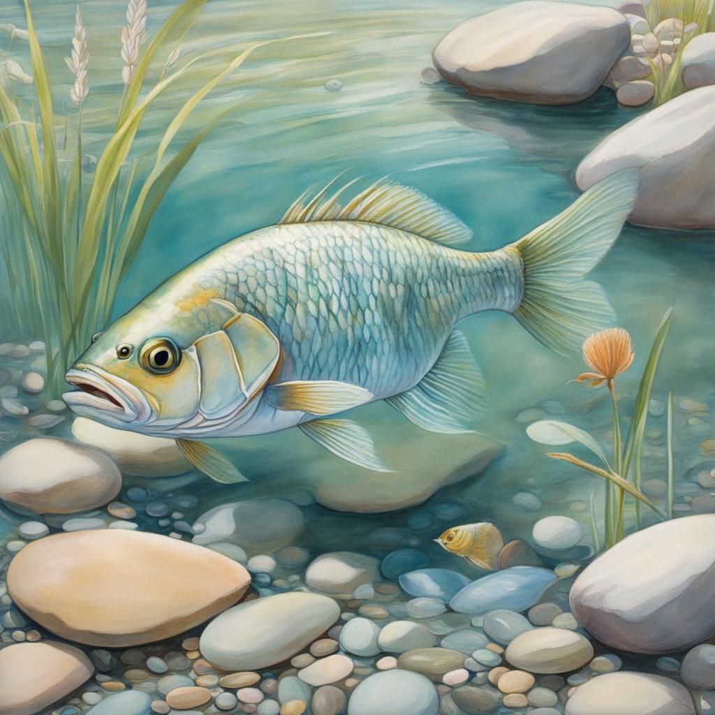 Pastel River Fish in Children's Book Illustration Style