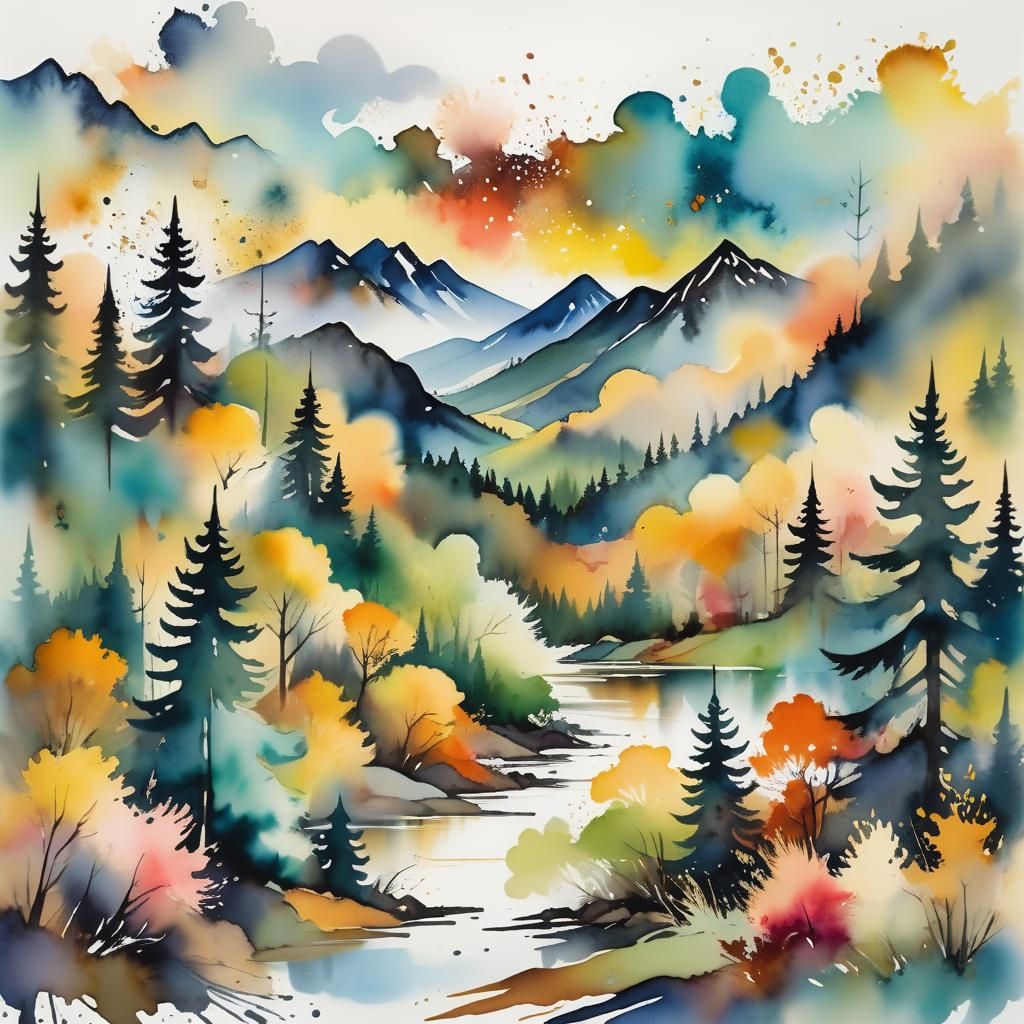 Whimsical Watercolour Landscape with Majestic Mountain Range