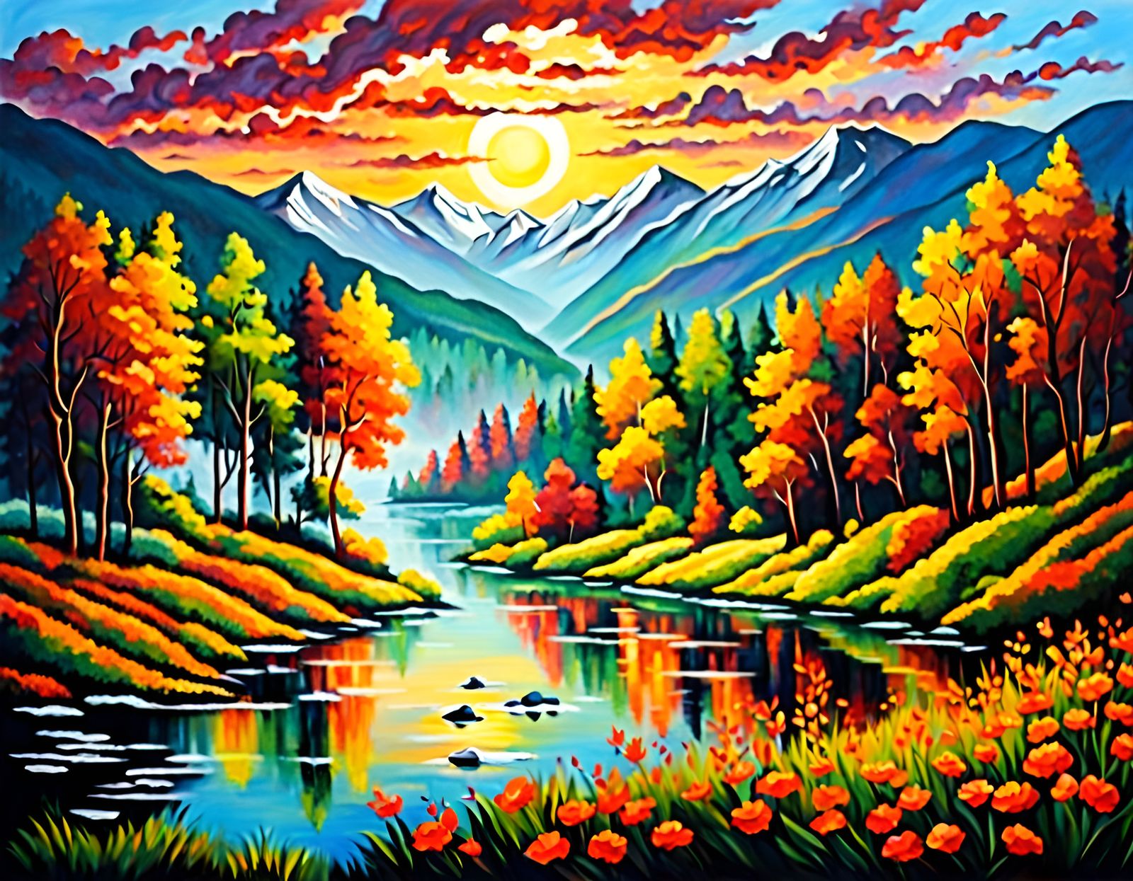 Vivid Sunset Over Mountain Lake in Kashmir