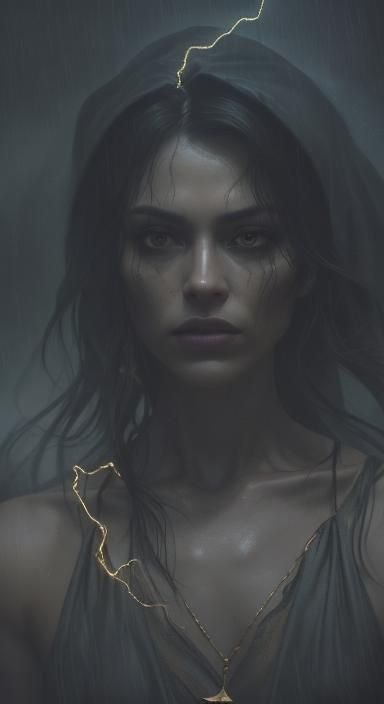 Sinister Gold Figure with Lightning, Cinematic Film Still