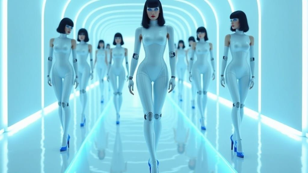 Robot Pin-Ups in a Neon Corridor