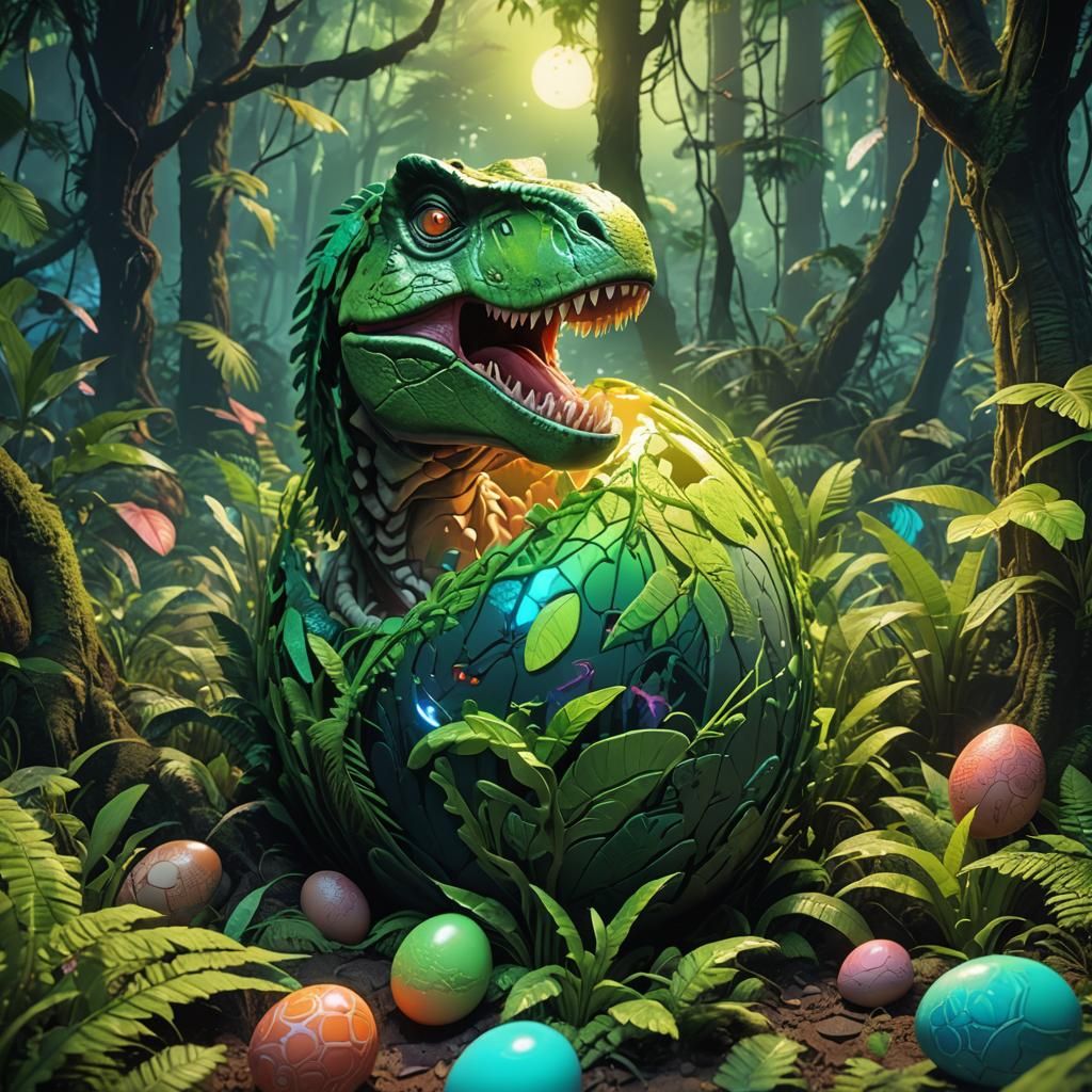 T-Rex Egg Hatching in Lush Forest, Anime Art