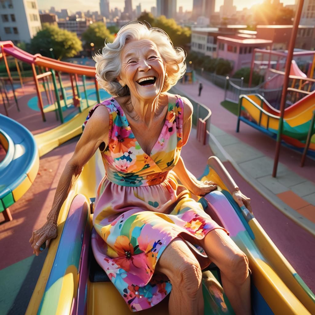 Joyful Old Woman on Playground Slide in Hyperreal Style