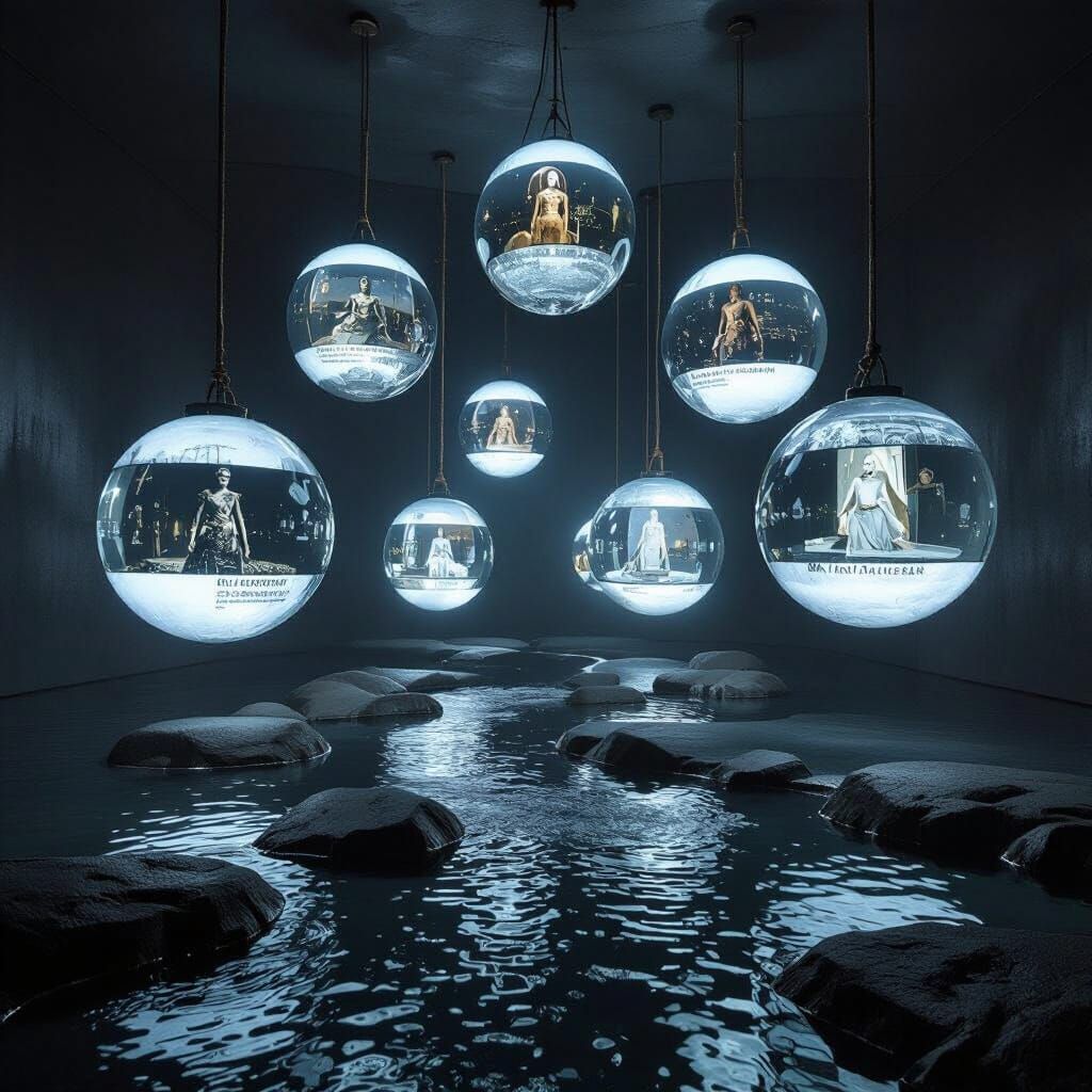 Ethereal Spheres Display Mythic Tales in Dark River Room