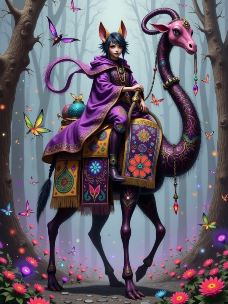 Fantasy Fox Merchant on Two-Headed Giraffe