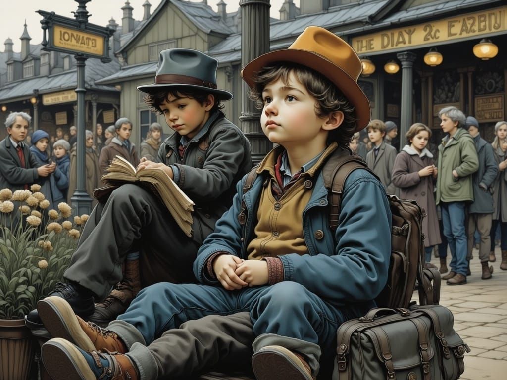 Father and Son at Train Station, Illustration Art